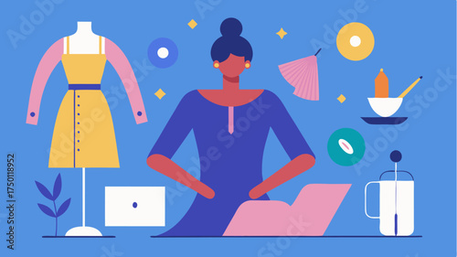 A whimsical portrayal of a fashion designer at work surrounded by sketches fabrics and sewing tools depicting the creative process in a dynamic environment.