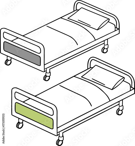 Illustration of two hospital beds with safety rails and pillows. Vecor