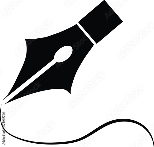 Stylized graphic of a classic fountain pen creating a flowing ink line on a black background