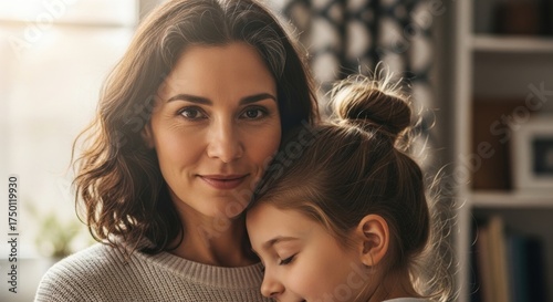 Authentic Mother and Daughter Share Tender Embrace, Bathed in Soft, Warm Natural Light