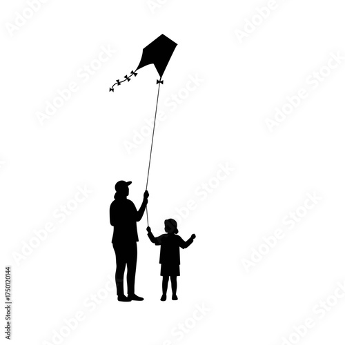 Adult and child flying kite icon in black for family time design