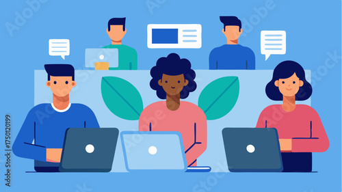 Team members using laptops and tablets to share files and data in a coworking space highlighting digital collaboration and resource sharing.