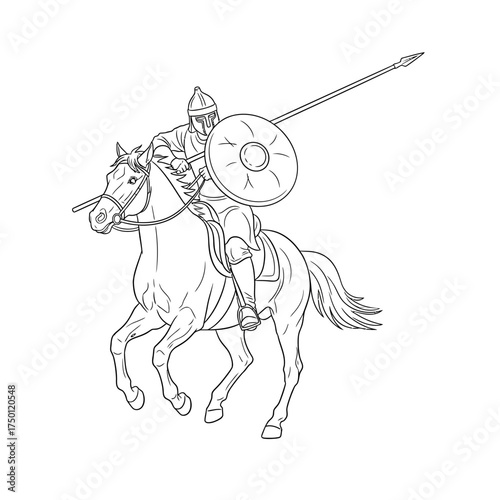 Medieval Knight on Horseback with Spear and Shield Line Art.
