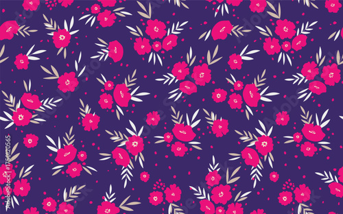 Seamless floral pattern based on traditional folk art ornaments. Colorful flowers on color background. Scandinavian style. Sweden nordic style. Vector illustration. Simple minimalistic pattern.