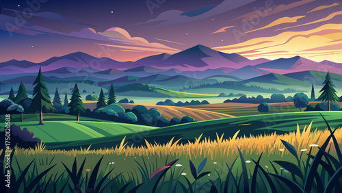 Very beautiful Madison County, Virginia grass fields and distant mountain silhouettes at dusk, vector-style landscape evoking calm twilight serenity.