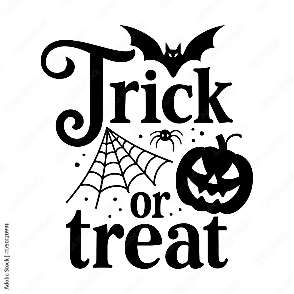Obraz premium Trick or Treat Halloween design with a bat, spiderweb, and Jack-o'-lantern. A festive black and white quote for party decorations, isolated on a transparent background. Vector illustration.
