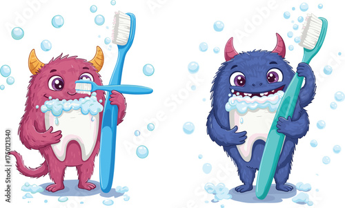 Cute cartoon monsters brushing teeth, dental hygiene illustration for kids, fun oral care, bubbles, toothbrush, tooth