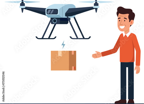 Drone delivery service, person receiving package, modern logistics technology, unmanned aerial vehicle, e-commerce innovation, futuristic shipping solution