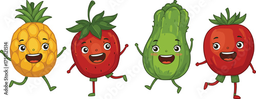 Cute cartoon fruits and vegetables characters dancing, healthy eating illustration for kids, fun food, nutrition, smile