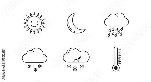 A conceptual collection of weather icons representing different climate conditions like sun, rain, snow, and temperature in a simple line art style