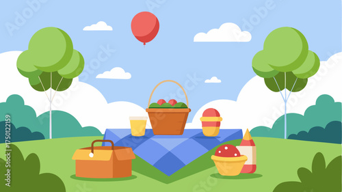 An outdoor picnic scene with blankets baskets of food and colorful balloons capturing the essence of a casual summer gathering.