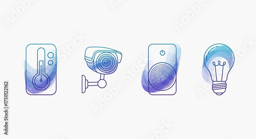 Collection of home automation and IoT device icons in a modern blue and purple watercolor line art style for web and app design