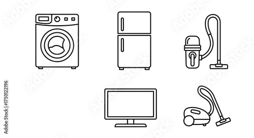 Set of common household appliances including a washing machine, refrigerator, television, and two vacuum cleaners