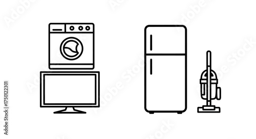 Collection of common household appliances, including a television, washing machine, refrigerator, and vacuum cleaner, depicted in a clean line art style