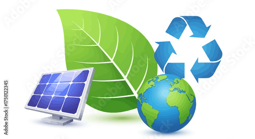 Conceptual design for environmental sustainability, featuring icons of green energy, nature, recycling, and the planet