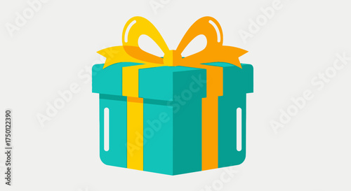 Vibrantly colored gift box, wrapped in shimmering turquoise with a bright golden-yellow ribbon and bow, symbolizing joy, celebration, and thoughtful giving for special occasions and festive events