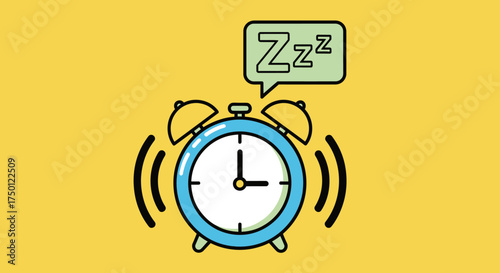 Cartoon alarm clock ringing loudly with a 'Zzz' speech bubble, symbolizing morning wake-up, the end of slumber, or a crucial reminder for daily tasks and productivity