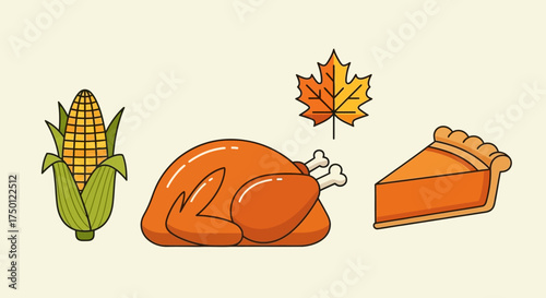 A collection of Thanksgiving holiday icons featuring traditional autumn food like roasted turkey, corn on the cob, and pumpkin pie
