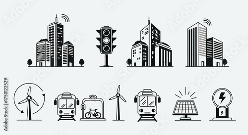 Smart city and sustainable living icon collection featuring renewable energy sources, electric transport, and connected buildings