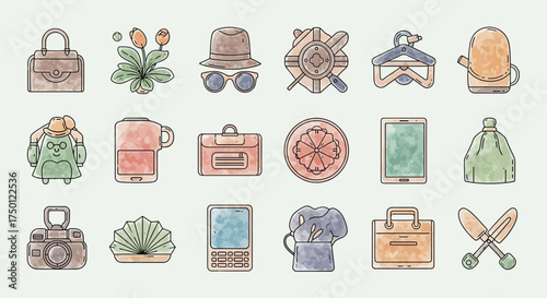 A charming collection of assorted lifestyle and travel objects illustrated in a unique hand-drawn, watercolor texture style