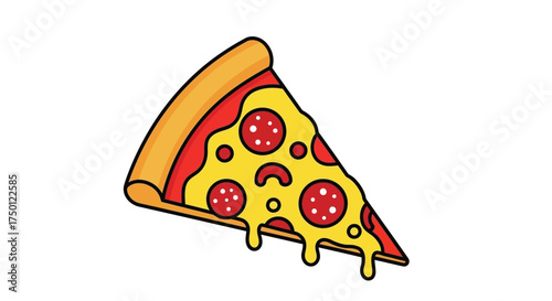 A delicious slice of pepperoni pizza with melted cheese, presented in a fun, cartoonish style, perfect for food-related designs