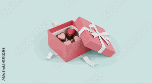 A delightful pink gift box, gracefully opened to reveal an exquisite assortment of heart-shaped chocolates, perfect for a romantic gesture, anniversary, or joyous celebration