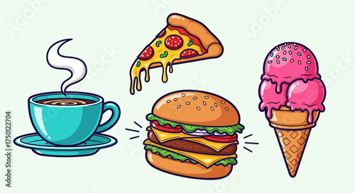 A collection of delicious food and drinks icons including coffee cup pizza burger and ice cream cone