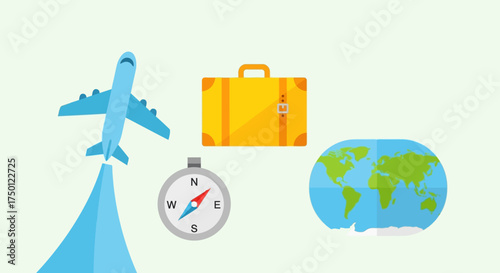 Vector illustration of a global travel and vacation planning concept with an airplane, suitcase, compass, and world map