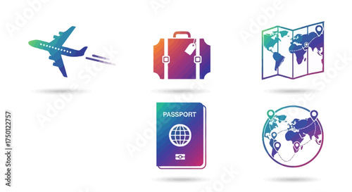 A collection of travel icons, including an airplane, suitcase, map, and passport, all in vibrant gradients.