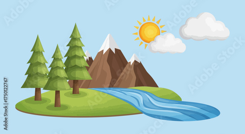 Idyllic natural scenery with snow-capped mountains, a clear blue river, and a bright sun in a vector art style