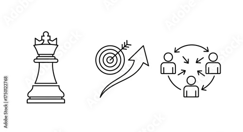 Strategic icons Chess piece, Target with arrow, and People interacting - Business success concept