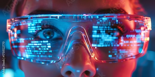 Futuristic vision with digital data reflected in protective eyewear, exploring innovation