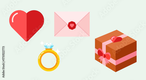 An illustration featuring a red heart, a pink envelope, a diamond ring, and a wrapped gift box.