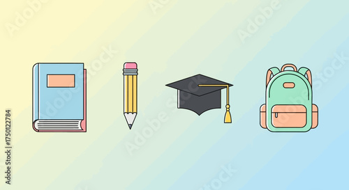 Education Icons Book, Pencil, Graduation Cap, and Backpack on a Gradient Background