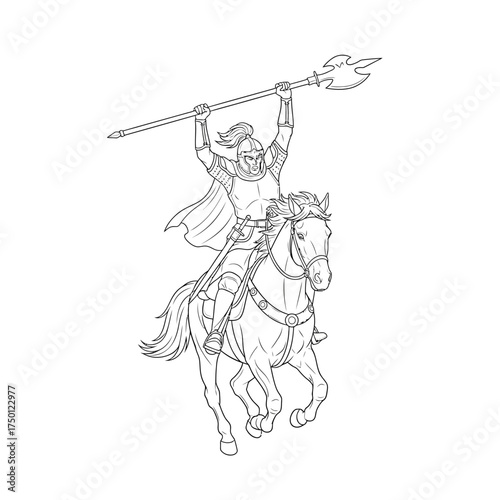 Medieval Knight Warrior Riding Horse Holding Axe Weapon.
