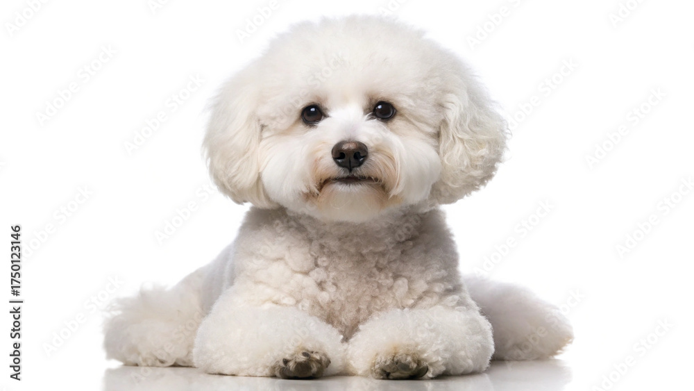 Obraz premium Full shot of a white Bichon Frise dog looking directly at the camera, with soft lighting, fluffy fur detail, and a clean neutral background — realistic, high-resolution pet portrait.