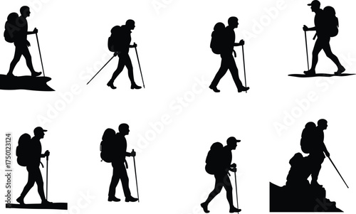 Hiker silhouettes with trekking poles, outdoor walking poses, black vector icons, nature exploration, hiking gear, rocky terrain movement, travel adventure concept