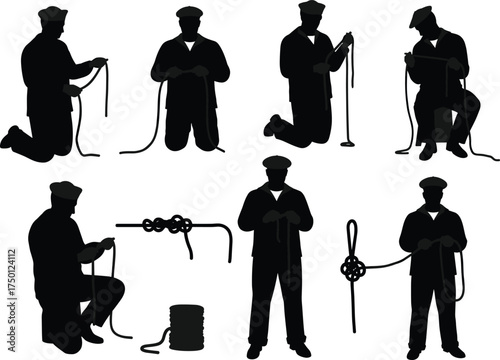 Knot tying silhouette, sailor rope technique, maritime training illustration, coiled rope, black vector art, nautical skill demonstration, uniformed worker, step-by-step knot guide