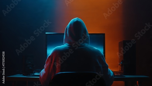 A person sits in front of a computer monitor, likely engaged in covert or suspicious activity, shrouded in shadow