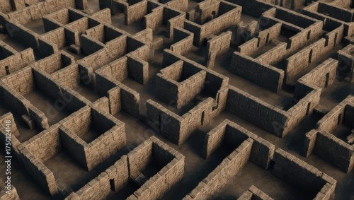 A complex stone maze rendered in perspective, with many interconnected passages and walls