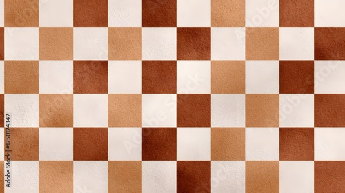 Seamless checkerboard pattern with squares in warm earthy tones — light cream, tan, and rich reddish-brown terracotta background image 