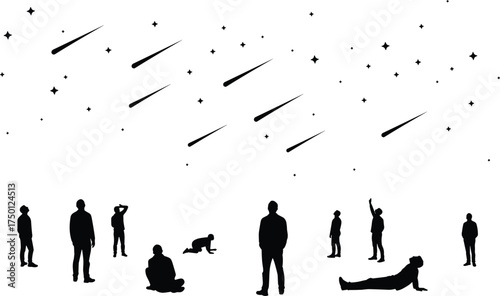 Meteor shower silhouette, people observing night sky, stargazing posture illustration, black vector art, celestial event scene, astronomy awe moment