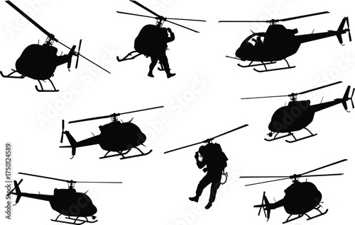Military helicopter silhouette, paratrooper deployment, tactical aviation scene, airborne operation, black vector illustration, soldier in motion, aircraft in flight, defense action moment