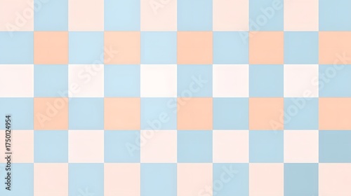 Seamless geometric checkerboard pattern in pastel peach, pale blue, and white, creating a gentle, bright background ideal for baby or spring themes.
