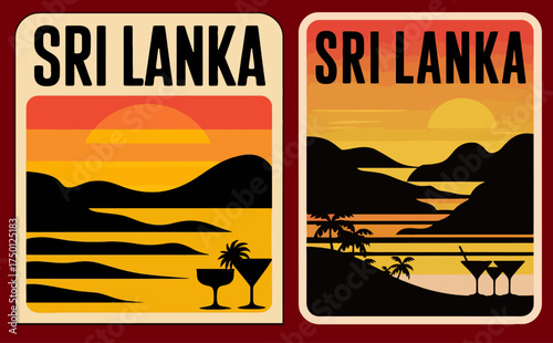 Sri Lanka Retro Travel Sticker Set with Sunset Landscape Mountain Lake Silhouette Vintage Badge Vector Design