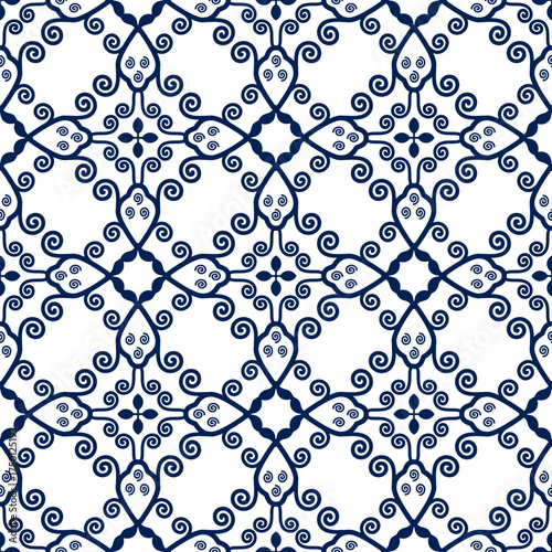Damask Seamless Pattern wallpaper Vector Illustration baroque colored floral ornament graphic for fabric packaging ornate Elegant Vintage carpet Luxury cloth Home Decoration blue white background
