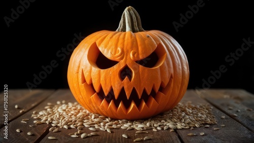 A carved orange pumpkin with an ominous face rests on a wooden surface with scattered seeds