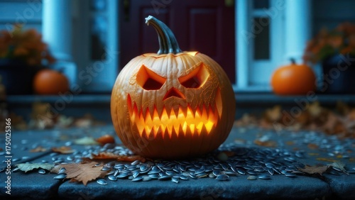 A carved pumpkin glows on a porch at night, seeds and leaves scattered around