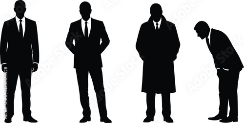 Businessman silhouette set in formal suit, professional standing pose, executive leadership illustration, corporate figure collection, 