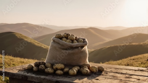 A burlap sack brimming with potatoes sits on wood in front of rolling hills at sunset
